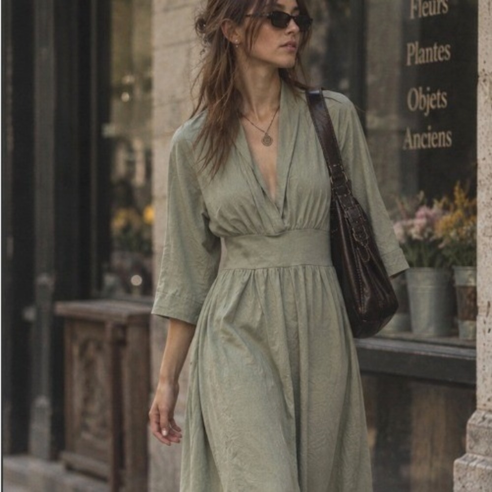 Skunkfunk Kimono Midi Dress Green Soybean Cotton 4 Boho Ethereal Earthy Goblin